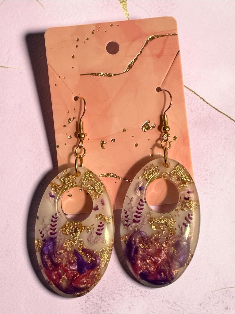 Gold & Purple Floral Resin Oval Drop Earrings